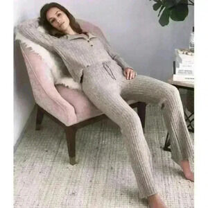 Heartloom Nikita Ribbed Sweater Wide Leg Loungewear Tan Pants, L